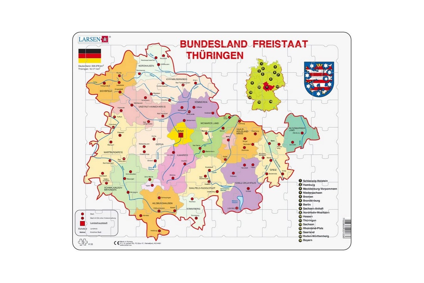 Puzzle Larsen - Bundesland: Freistaat Thuringen, 70 piese (K33-DE)