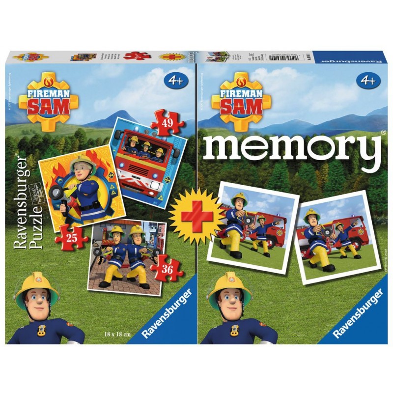 Puzzle Ravensburger - Fireman Sam + Memory, 25/36/49 piese, + joc memorie (06910)