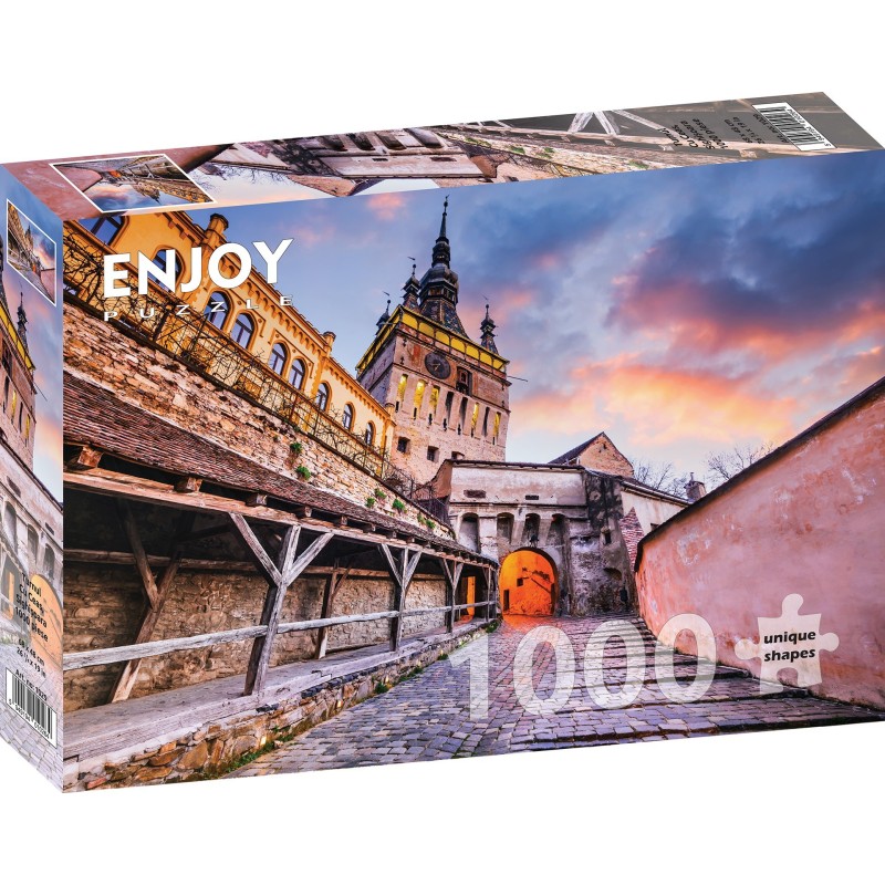 Puzzle 1000 piese Enjoy - Turnul cu ceas, Sighisoara + folii pentru lipit puzzle (Enjoy-5029)