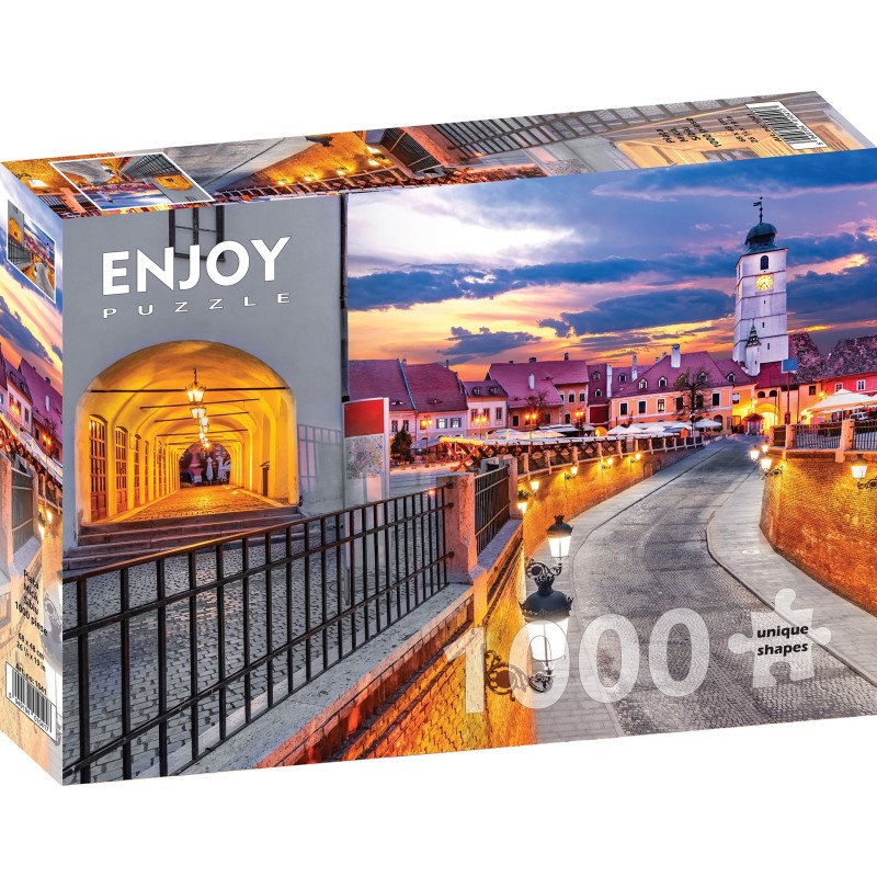 Puzzle 1000 piese Enjoy - Piata Mica, Sibiu + folii pentru lipit puzzle (Enjoy-5041)