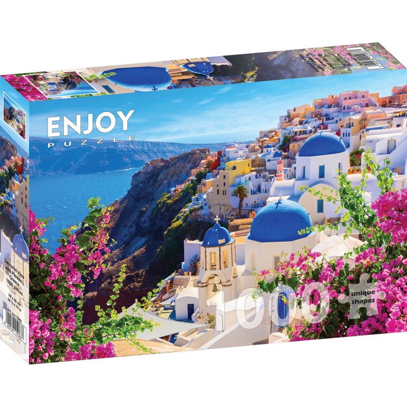 Puzzle 1000 piese Enjoy - Santorini View with Flowers, Greece + folii pentru lipit puzzle (Enjoy-5083)