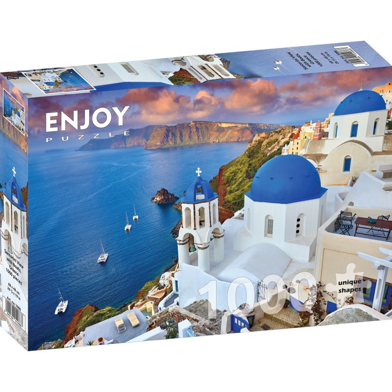 Puzzle 1000 piese Enjoy - Santorini View with Boats, Greece + folii pentru lipit puzzle (Enjoy-5086)