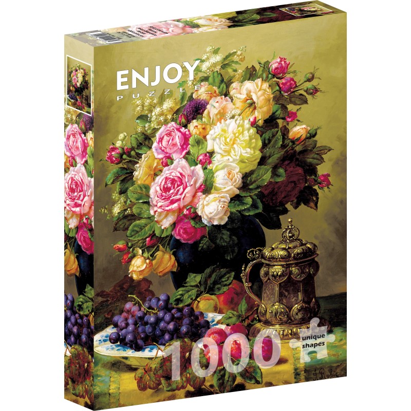 Puzzle 1000 piese Enjoy - Jean-Baptiste Robie: Still Life with Roses + folii pentru lipit puzzle (Enjoy-5107)