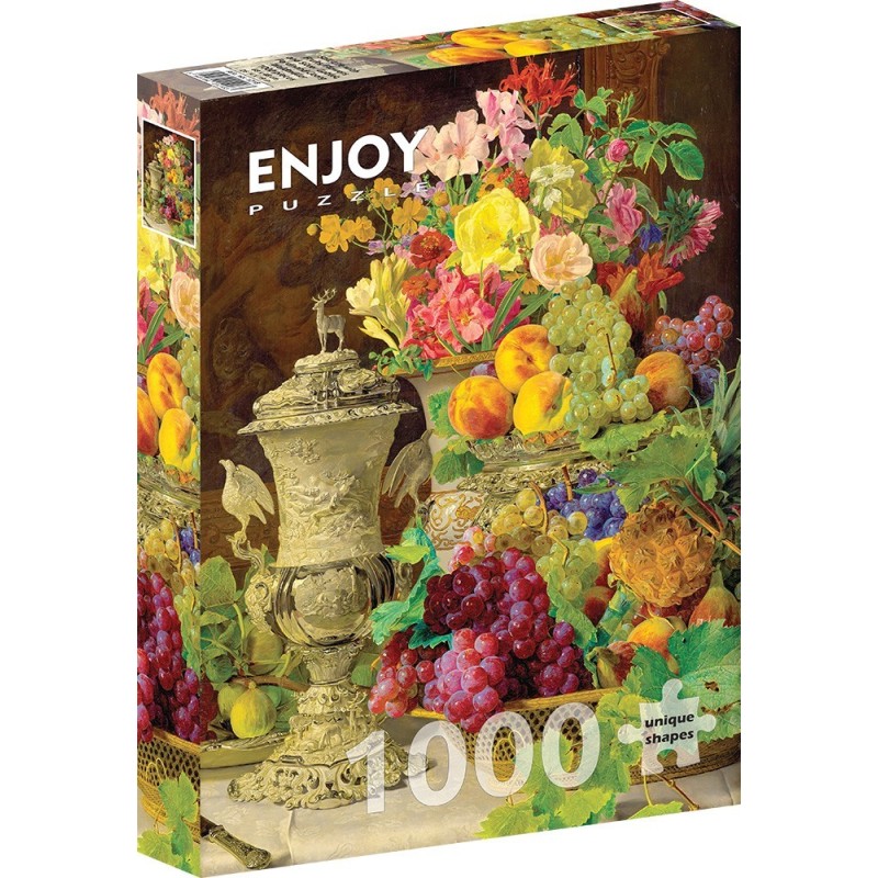 Puzzle 1000 piese Enjoy - Ferdinand Georg Waldmuller: Still Life with Fruits + folii pentru lipit puzzle (Enjoy-5218)