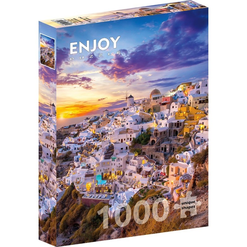 Puzzle 1000 piese Enjoy - Sunset over Santorini + folii pentru lipit puzzle (Enjoy-5260)