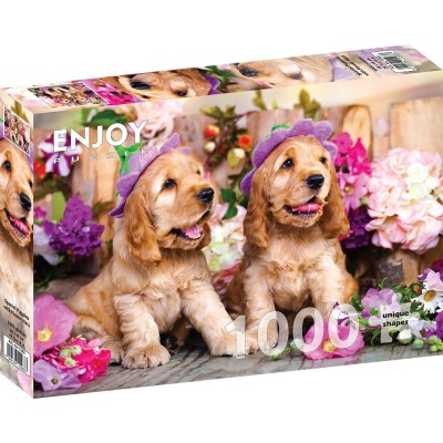 Puzzle 1000 piese Enjoy - Spaniel Puppies with Flower...