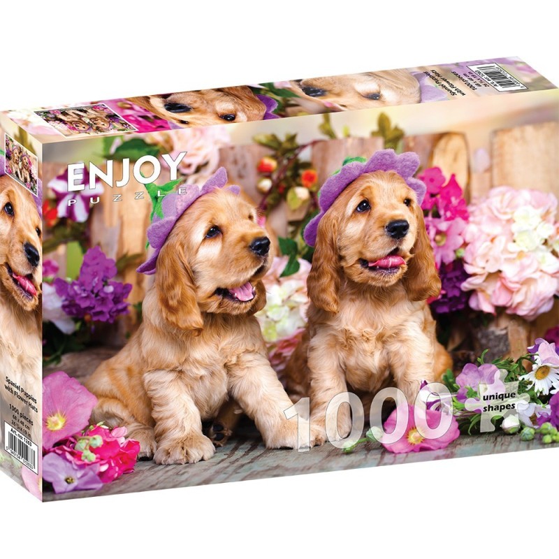 Puzzle 1000 piese Enjoy - Spaniel Puppies with Flower Hats + folii pentru lipit puzzle (Enjoy-5263)