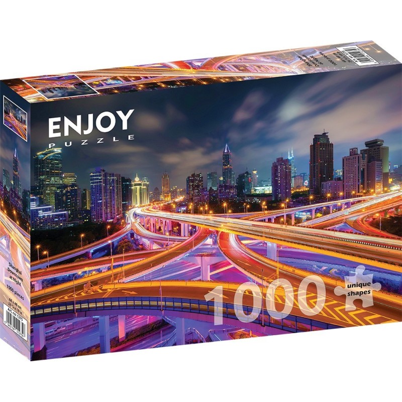 Puzzle 1000 piese Enjoy - Shanghai Downtown at Night + folii pentru lipit puzzle (Enjoy-5275)