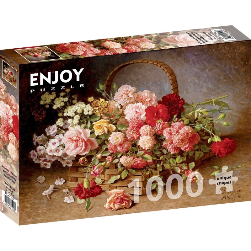 Puzzle 1000 piese Enjoy - Hans Buchner: A Basket of Roses and Carnations + folii pentru lipit puzzle (Enjoy-5530)