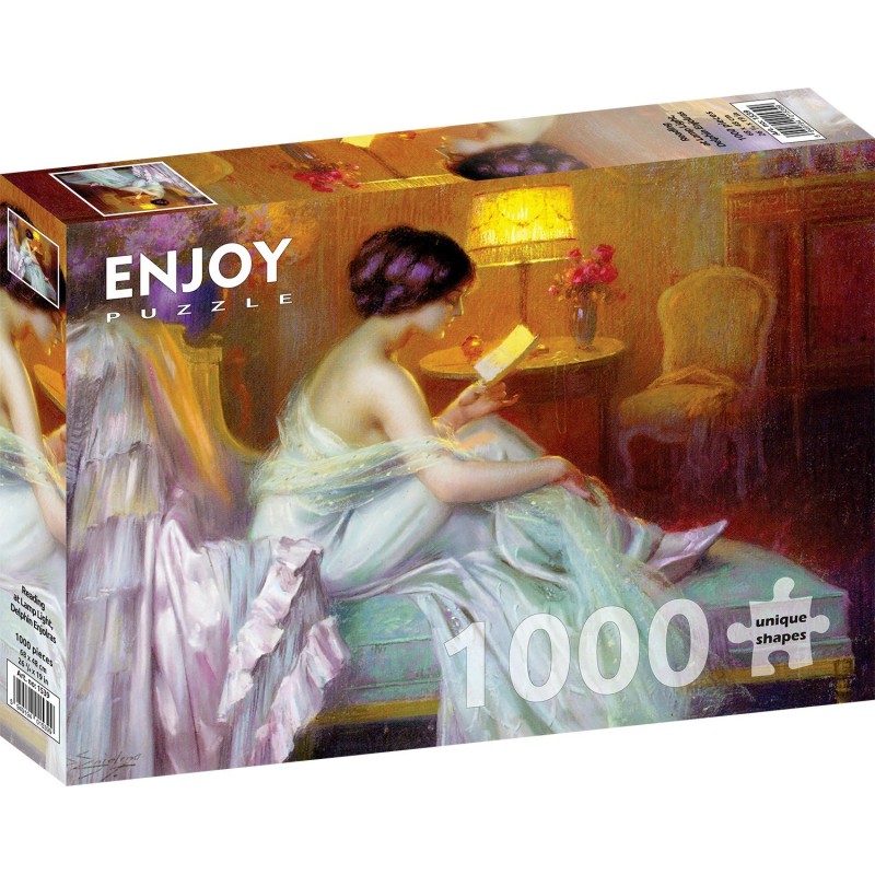 Puzzle 1000 piese Enjoy - Delphin Enjolras: Reading at Lamp Light + folii pentru lipit puzzle (Enjoy-5539)