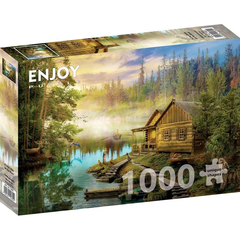 Puzzle 1000 piese Enjoy - A Log Cabin on the River + folii pentru lipit puzzle (Enjoy-5602)