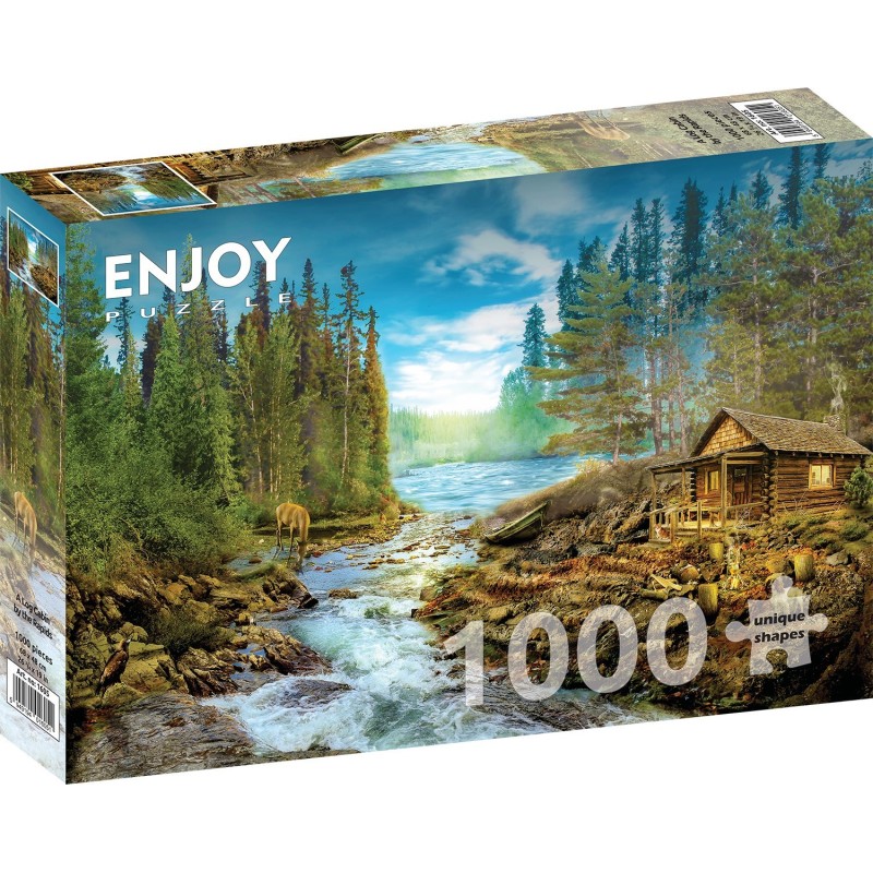 Puzzle 1000 piese Enjoy - A Log Cabin by the Rapids + folii pentru lipit puzzle (Enjoy-5605)