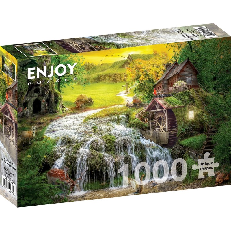 Puzzle 1000 piese Enjoy - A Log Cabin by the Magic Creek + folii pentru lipit puzzle (Enjoy-5608)