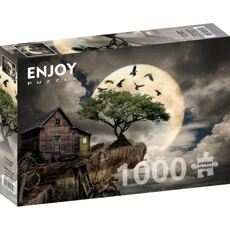 Puzzle 1000 piese Enjoy - A Log Cabin on a Cliff + folii pentru lipit puzzle (Enjoy-5614)