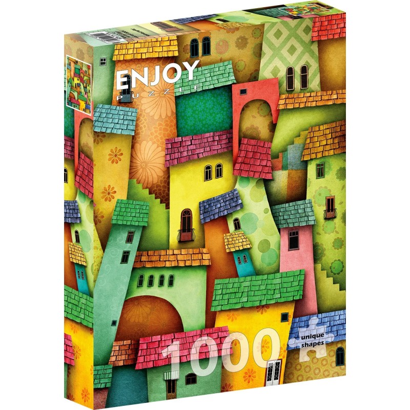 Puzzle 1000 piese Enjoy - Joyful Houses + folii pentru lipit puzzle (Enjoy-5629)