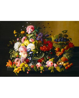 Puzzle 1000 piese Bluebird Puzzle - Severin Roesen: Still Life, Flowers and Fruit, 1855 (Art-by-Bluebird-F-60289)