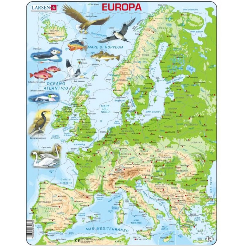 Puzzle 87 piese Larsen - Topographic Map of Europe (Italian) (Larsen-K70-IT)