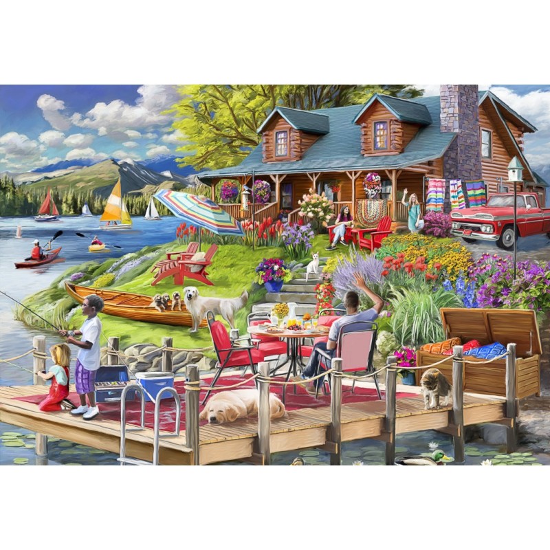 Puzzle 1000 piese Bluebird - Marie August Anderson: Lake View Cabin Mountain Time (Bluebird-Puzzle-F-90925)