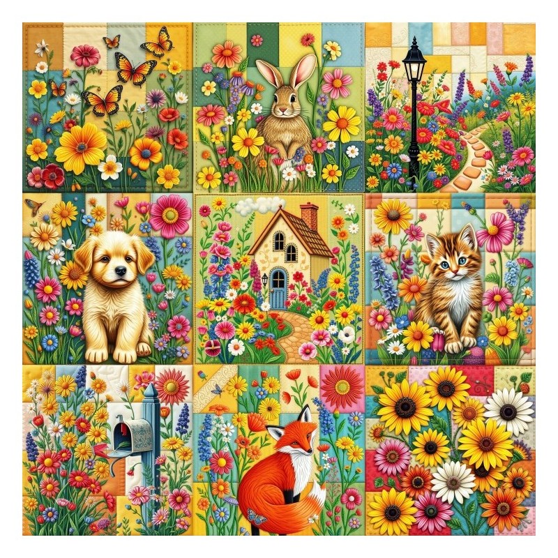 Puzzle pătrat 1000 piese Alipson - Cottage Garden Nine Patch Quilt Block (Alipson-50293)